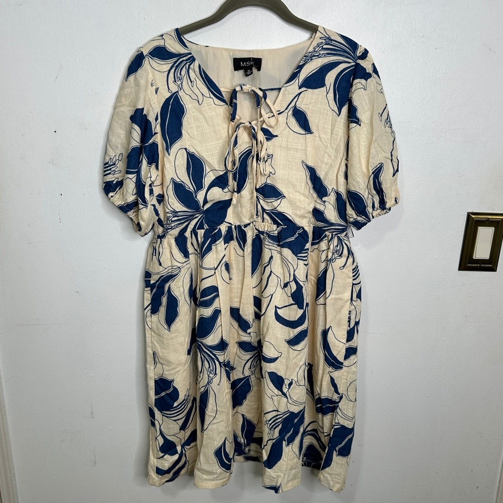 MSK Womens Floral Puff Sleeve Babydoll Dress Cream Navy Blue XS Coastal Tropical
